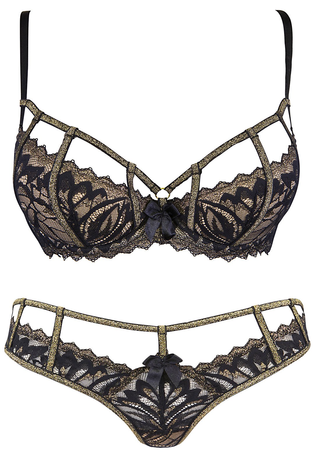 gold and black lace bra set