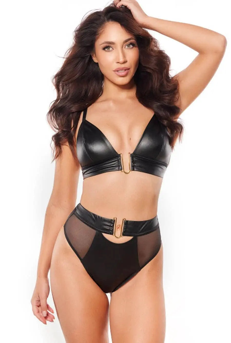 Daring Faux Stretch Leather Bra & Thong Panty Black Xl