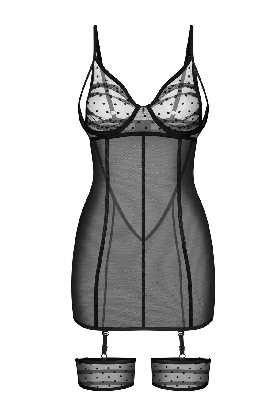 Sheer Polka Dot Mesh Black Chemise Set