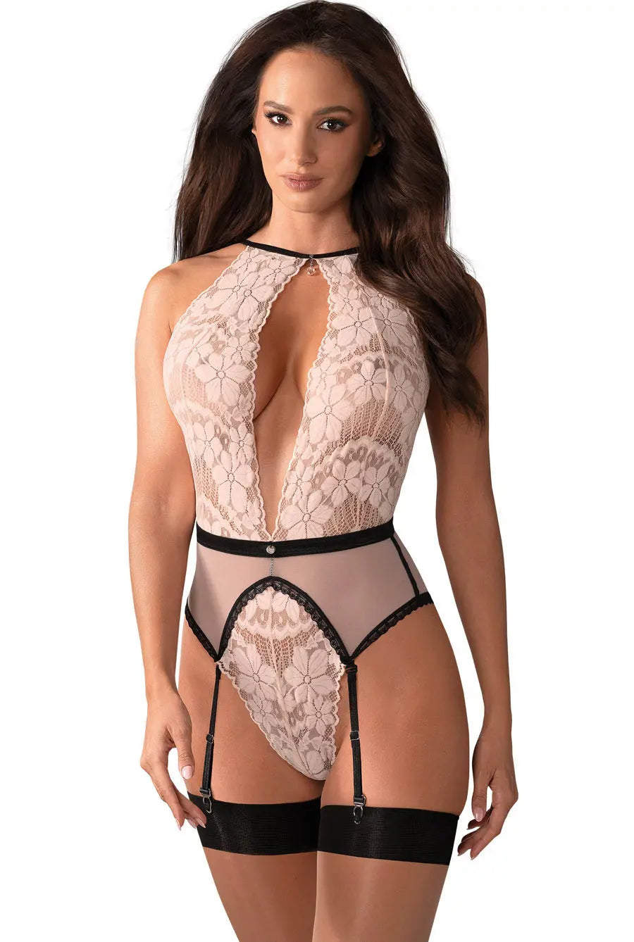 Delicate Pink Lace & Black Lingerie With Garters