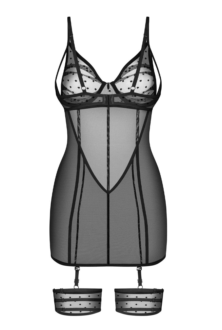 Sheer Polka Dot Mesh Black Chemise Set